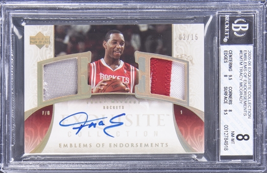2005-06 UD "Exquisite Collection" Emblems of Endorsements #EMTM Tracy McGrady Signed Patch Card (#02/15) - BGS NM-MT 8/BGS 10
